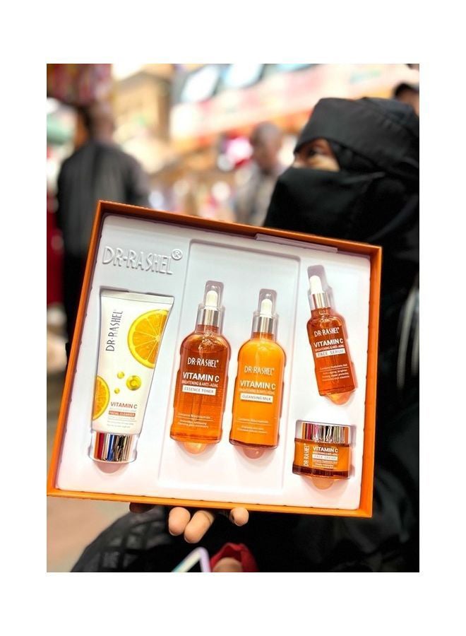 5 Piece Vitamin C Anti Aging And Skin Care Set Orange/White Facial Cleanser 80 g Cleansing Milk 100 Ml Essence Toner 100 Ml Face Serum 50 Ml Face Cream 50 gNone