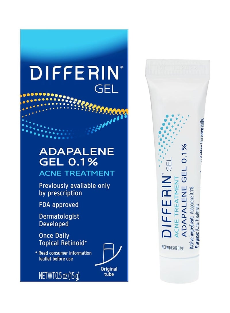 Differin Acne Treatment Gel, 30 Day Supply, Retinoid Treatment for Face with 0.1% Adapalene, Gentle Skin Care for Acne Prone Sensitive Skin, 15g Tube