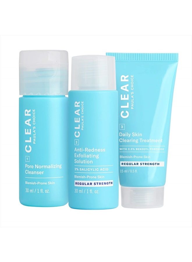 CLEAR Regular Strength Acne Travel Kit, 2% Salicylic Acid & 2.5% Benzoyl Peroxide for Acne, Redness Relief, Two Week Trial Size