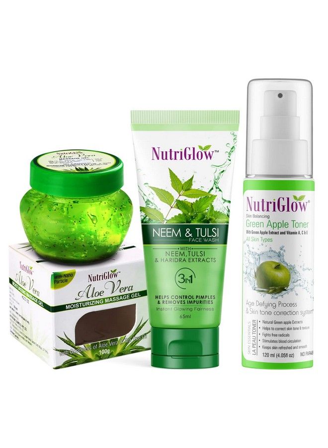 Combo Of 3 : Aloe Vera Moisturizing Massage Gel (100 Gm) + Neem & Tulsi Face Wash (65 Ml) + Green Apple Toner (120 Ml); Suitable For All Skin Types