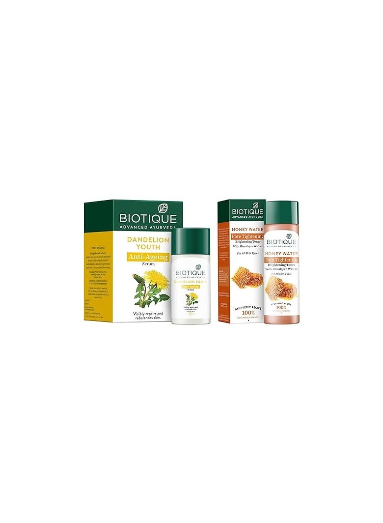 Biotique Bio Honey Water Clarifying Toner And Biotique Bio Dandelion Visibly Ageless Serum