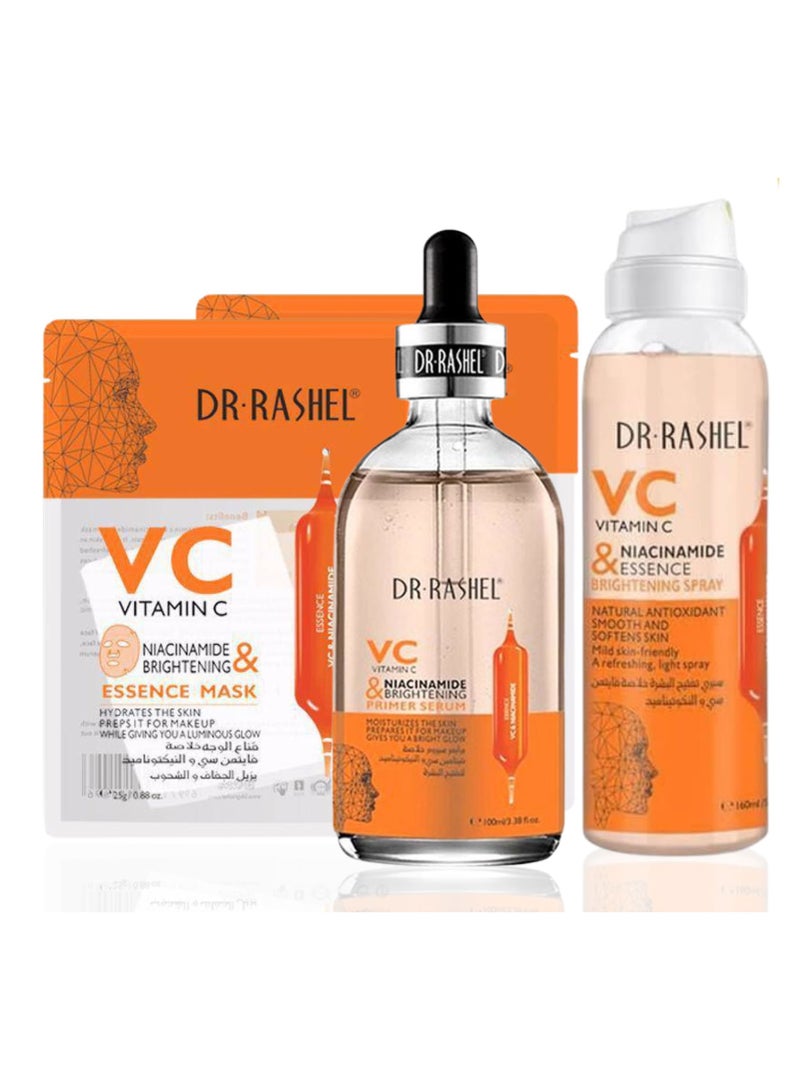 Vitamin C And Niacinamide Skin Care Set Composed Brightening Spray Primer Serum Essence Mask Moisturizes Skin Even Tone Orange 335grams