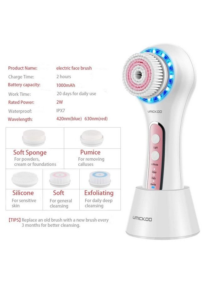 Facial Cleansing Brush ,Rechargeable IPX7 Waterproof with 5 Brush Heads Face Brush Use for Exfoliating Massaging and Deep Cleansing Multi