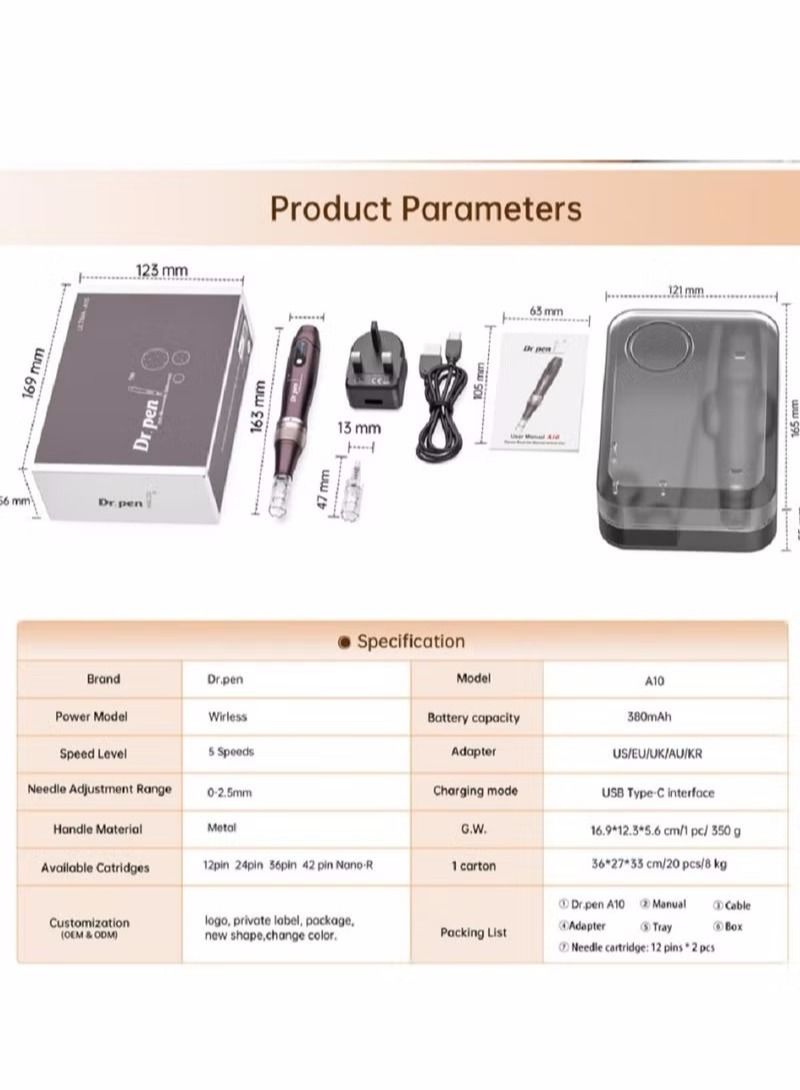 Dr.pen A10 Microneedling Pen Wireless Electric Derma Pen with 2 Replacement Cartridges