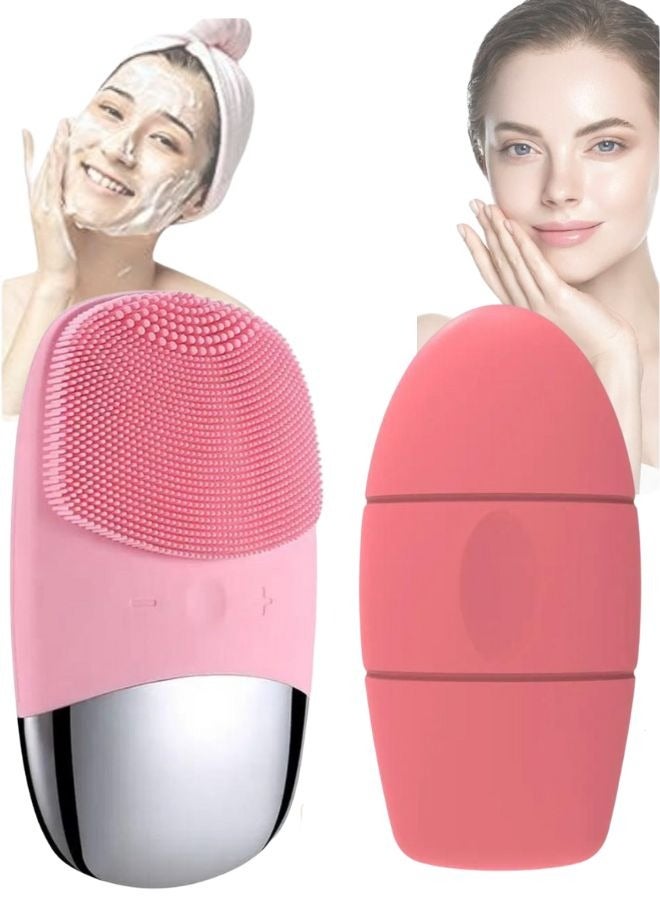 Facial Cleansing Brush 3-in-1 Electric Silicone Face Scrubber + Ice Mold Ice Maker for Face with Anti-Leak& Drip System, Contour Cube Ice Roller