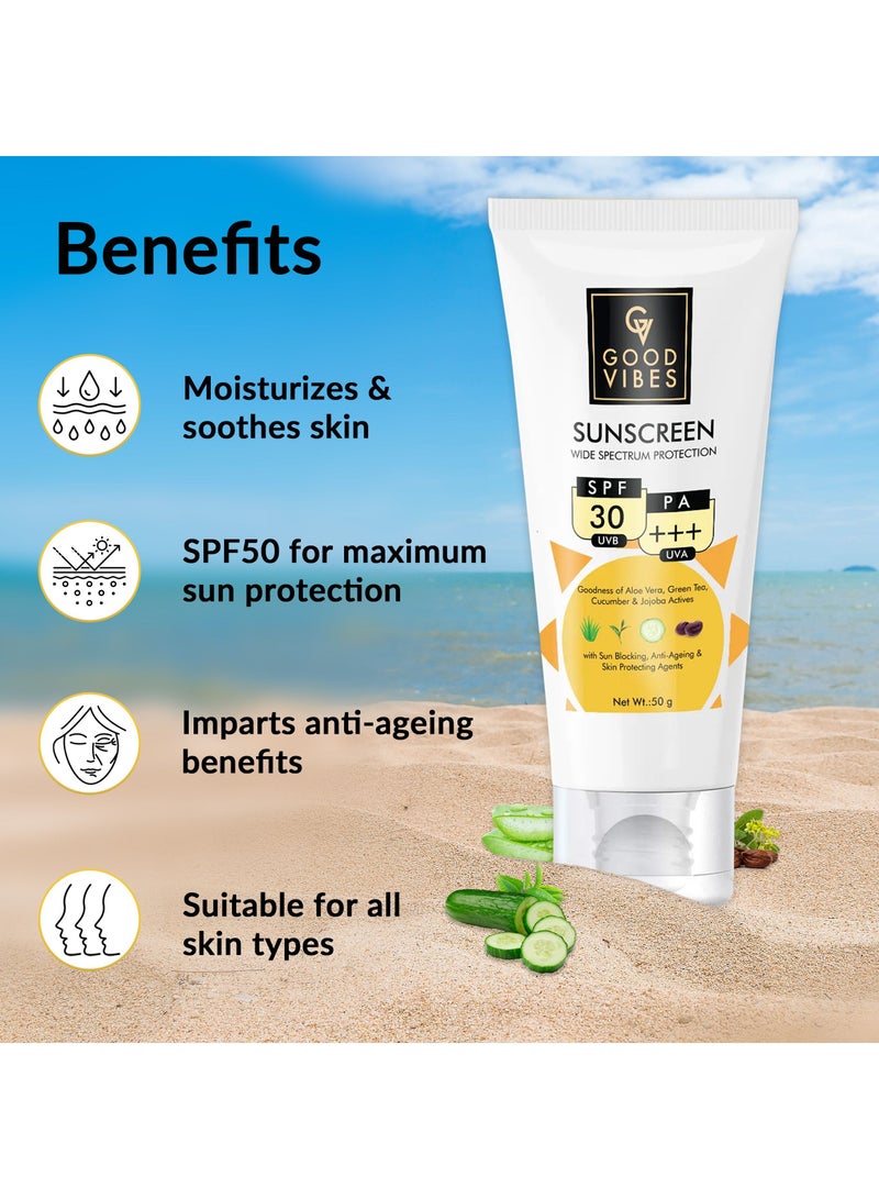 ﻿Good Vibes Sunscreen - Wide Spectrum Protection SPF 30 PA+++ Sun Blocking & Skin Protection - Infused with Goodness of Aloe Vera, Green Tea,Cucumber & Jojoba Oil - Say Goodbye to White Cast - 100 Gm