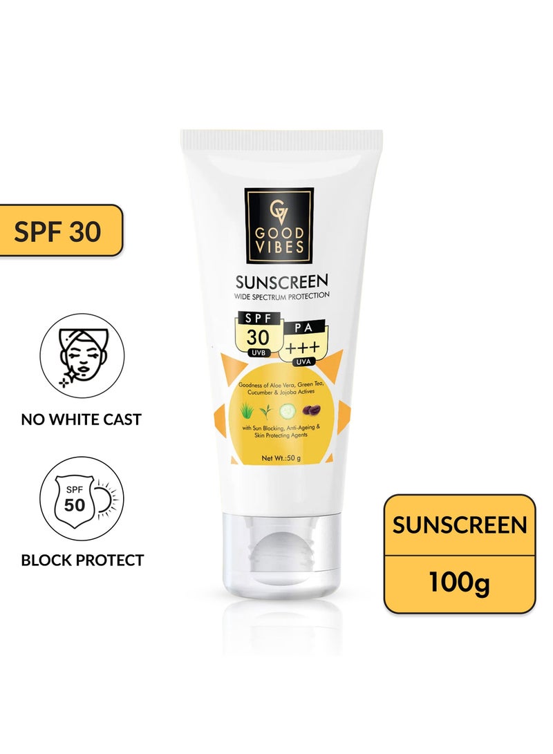 ﻿Good Vibes Sunscreen - Wide Spectrum Protection SPF 30 PA+++ Sun Blocking & Skin Protection - Infused with Goodness of Aloe Vera, Green Tea,Cucumber & Jojoba Oil - Say Goodbye to White Cast - 100 Gm