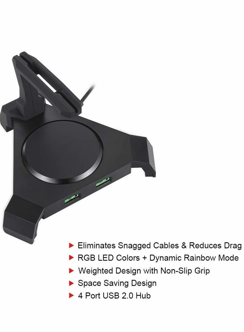 Mouse Bungee, Gaming Cord Controller, with 4 Port USB Hub & RGB Lighting, Cable Management Organizer Fixer Holder - Black
