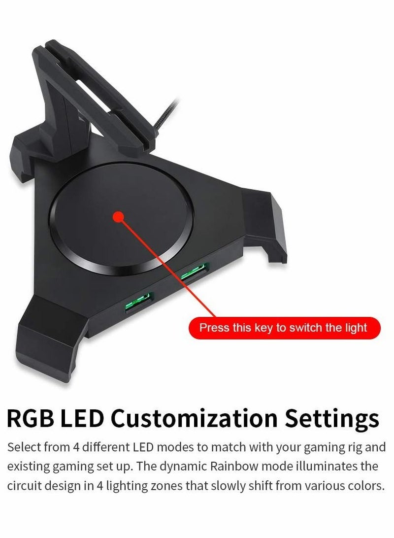 Mouse Bungee, Gaming Cord Controller, with 4 Port USB Hub & RGB Lighting, Cable Management Organizer Fixer Holder - Black