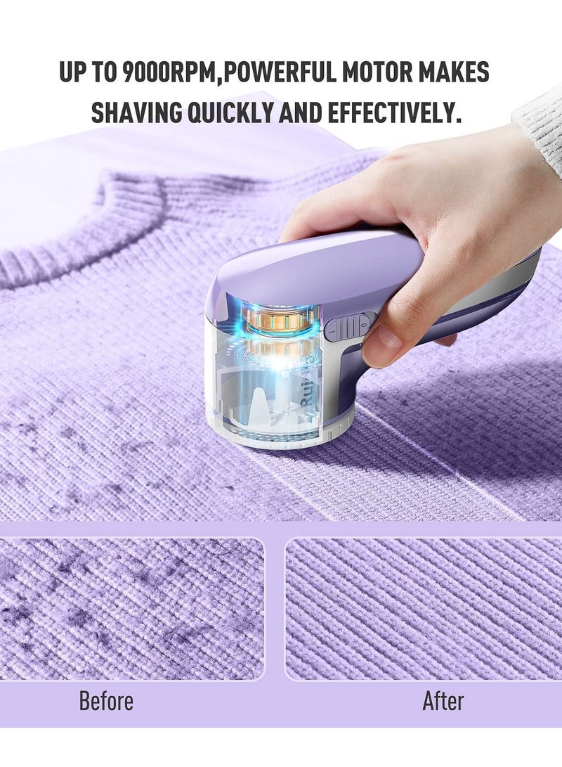 Fabric Shaver Defuzzer, Electric Lint Remover, Rechargeable Sweater with Stainless Steel 3-Leaf Blades Dual Protection Removable Bin