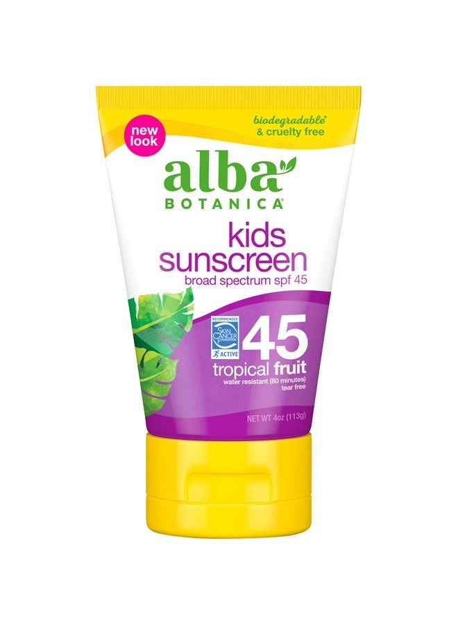 Kids Sunscreen for Face and Body, Tropical Fruit Sunscreen Lotion for Kids, Broad Spectrum SPF 45, Water Resistant and Hypoallergenic, 4 fl. oz. Bottle