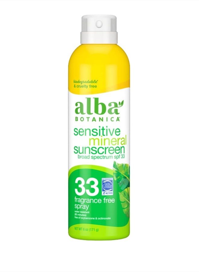 Sunscreen for Face and Body, Fragrance-Free Sheer Mineral Sunscreen Spray, Broad Spectrum SPF 33, Water Resistant and Biodegradable, 6 fl. oz. Bottle