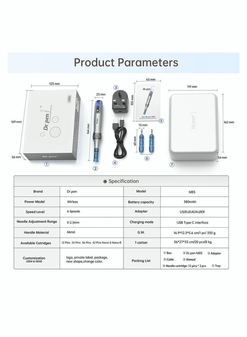 Ultima M8S Professional Microneedling Pen with 2 Replacement Tips Dark Gray Upgraded Version
