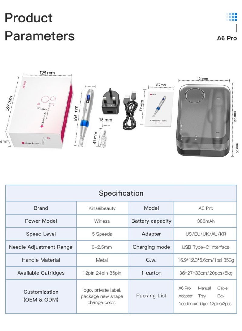 Professional Microneedling Pen, Ultima 2*12 Pin, 2*24 Pin, 2*36 Pin, A6 PRO Derma Pen