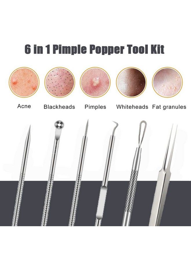 Pimple Popper Tool Kit 6 Pcs Blackhead Remover Acne Needle Tools Set Removing Treatment Comedone Whitehead Popping Zit For Nose Face Skin Blemish Extractor Tool Silver