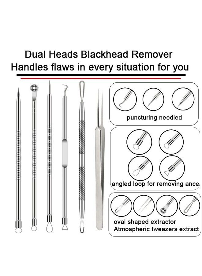 Pimple Popper Tool Kit 6 Pcs Blackhead Remover Acne Needle Tools Set Removing Treatment Comedone Whitehead Popping Zit For Nose Face Skin Blemish Extractor Tool Silver