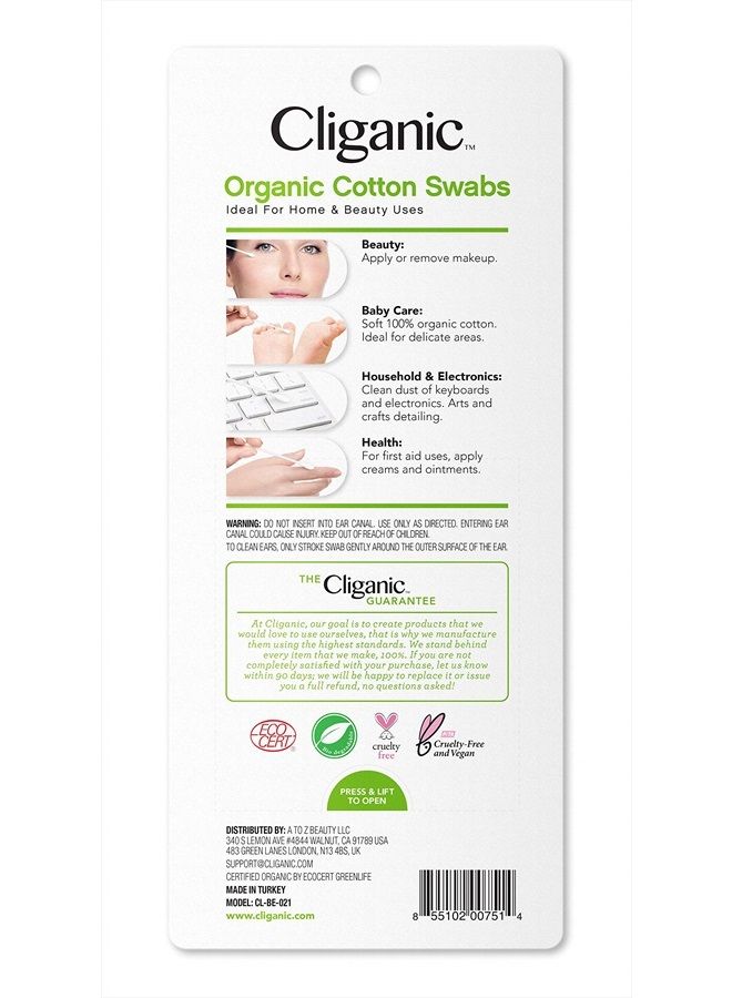 Organic Cotton Swabs, 500 Count - 100% Pure Natural Cotton, Chlorine-Free Hypoallergenic, Soft, Gentle & Absorbent Buds