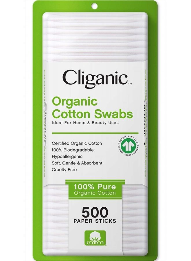 Organic Cotton Swabs, 500 Count - 100% Pure Natural Cotton, Chlorine-Free Hypoallergenic, Soft, Gentle & Absorbent Buds