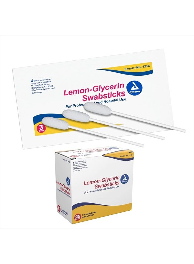 Lemon-Glycerin Swabsticks, Pleasant Tasting Cotton Swabs That Gently Soothes and Refreshes Dry Mouth, 3 Oral Swabsticks per Packet, 1 Box of 75 Lemon-Glycerin Swabsticks