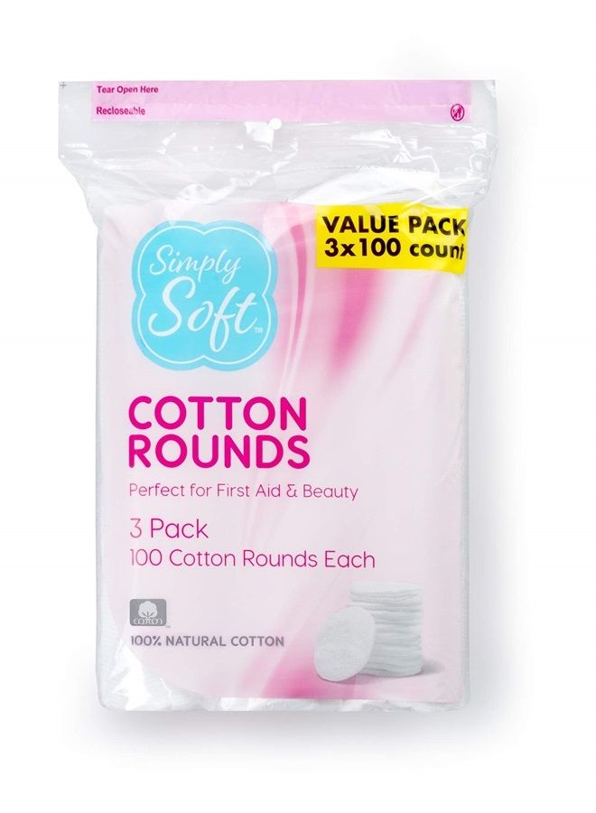 Simply Soft Cotton Rounds, 100% Cotton, Absorbent and Textured Cotton Pads are Lint Free, 100 Count (Pack of 3)