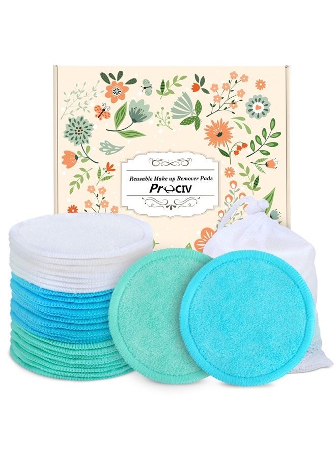 Reusable Makeup Remover Pads, 18 Packs Organic Reusable Cotton Rounds with Washable Laundry Bag for Toner Eco-Friendly Bamboo Reusable Cotton Pads for All Skin Types (Blue-White-Green)