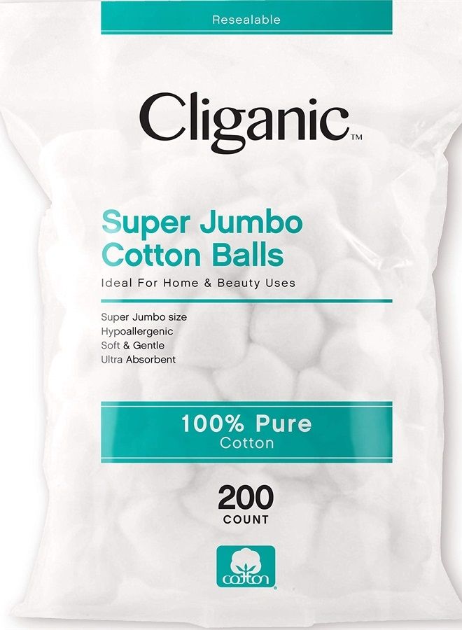 Super Jumbo Cotton Balls (200 Count) - Hypoallergenic, Absorbent, Large Size, 100% Pure