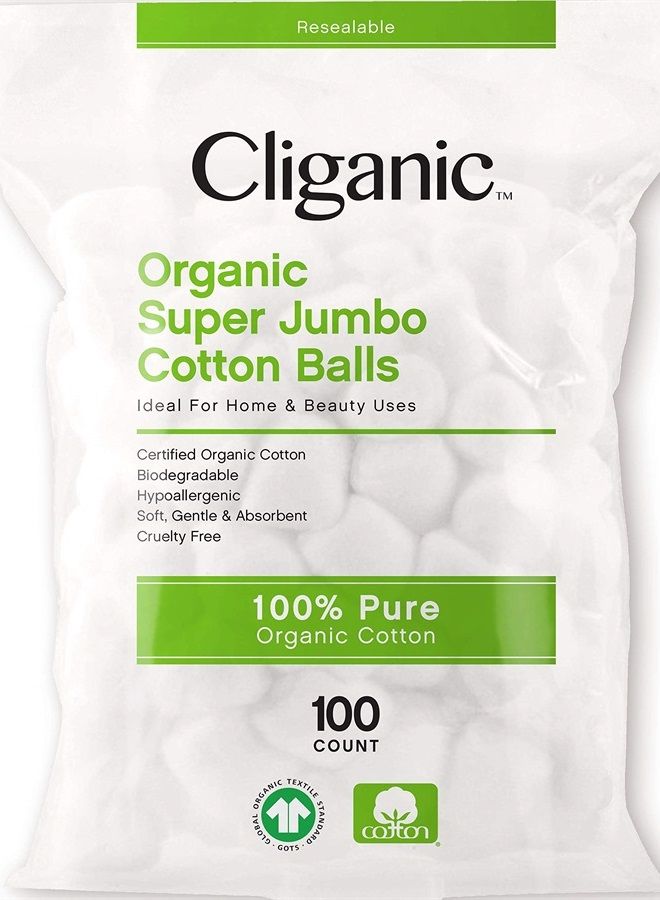 Organic Super Jumbo Cotton Balls (100 Count) - Hypoallergenic, Absorbent, Large Size, 100% Pure