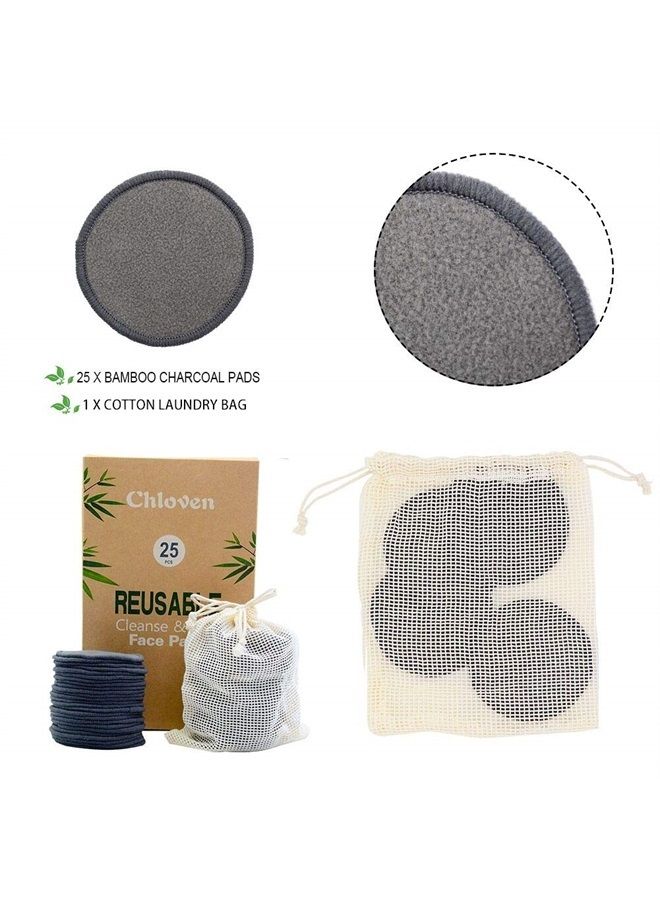 25 Pack Charcoal Bamboo Reusable Makeup Remover Pads - Bamboo Reusable Cotton Rounds for Toner, Washable Eco-Friendly Pads for All Skin Types with Cotton Laundry Bag