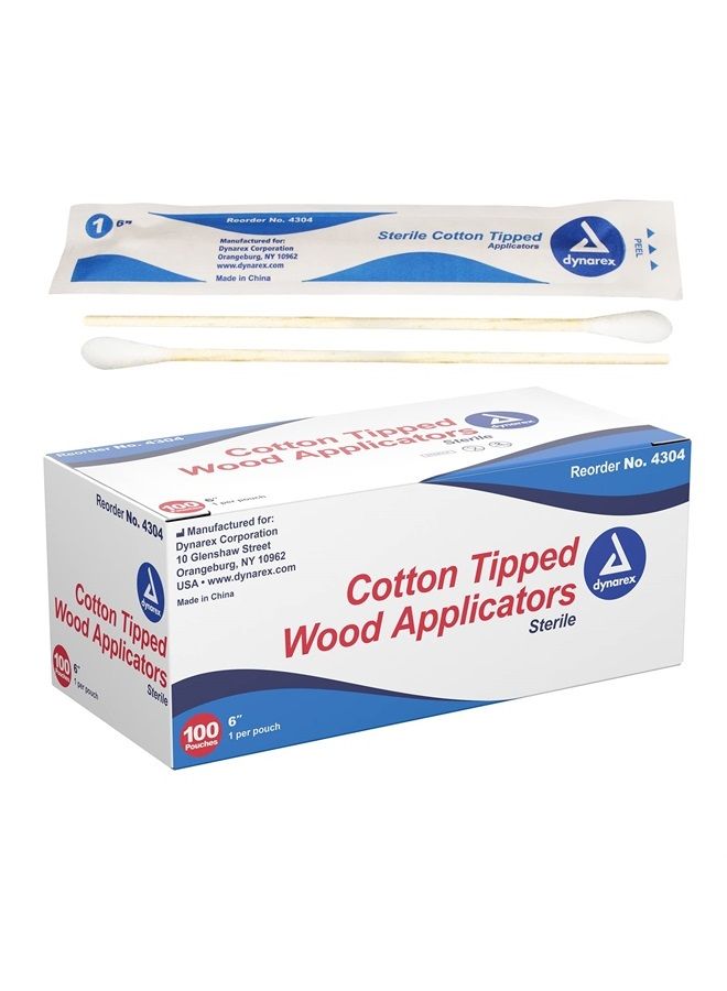 6-Inch Sterile Cotton Tipped Applicators - Single-Use Wooden Cotton Tip Applicators for Wound Care & Dressing, Hygiene, Makeup, Cleaning - 1 Box of 100 Pouches, 1 per Pouch