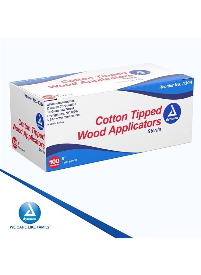 6-Inch Sterile Cotton Tipped Applicators - Single-Use Wooden Cotton Tip Applicators for Wound Care & Dressing, Hygiene, Makeup, Cleaning - 1 Box of 100 Pouches, 1 per Pouch