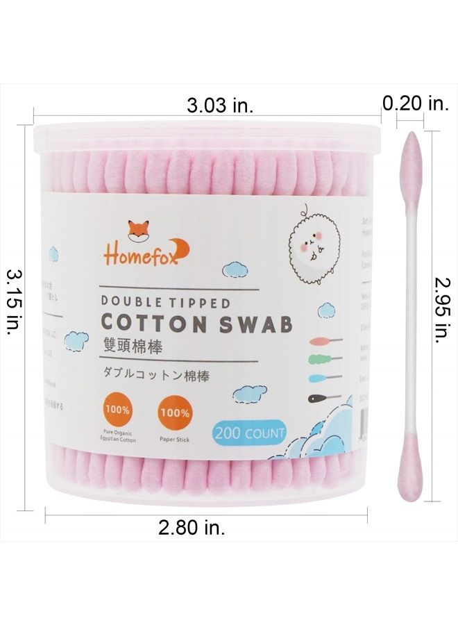 Pink Cotton Swabs Precision Pointed - 200 Count Pointy Organic Cotton Buds Double Side Tightly Wrapped Cotton Tips Paper Stick Soft Gentle Chlorine-Free Cruelty-Free, Pointy & Round (Pink)