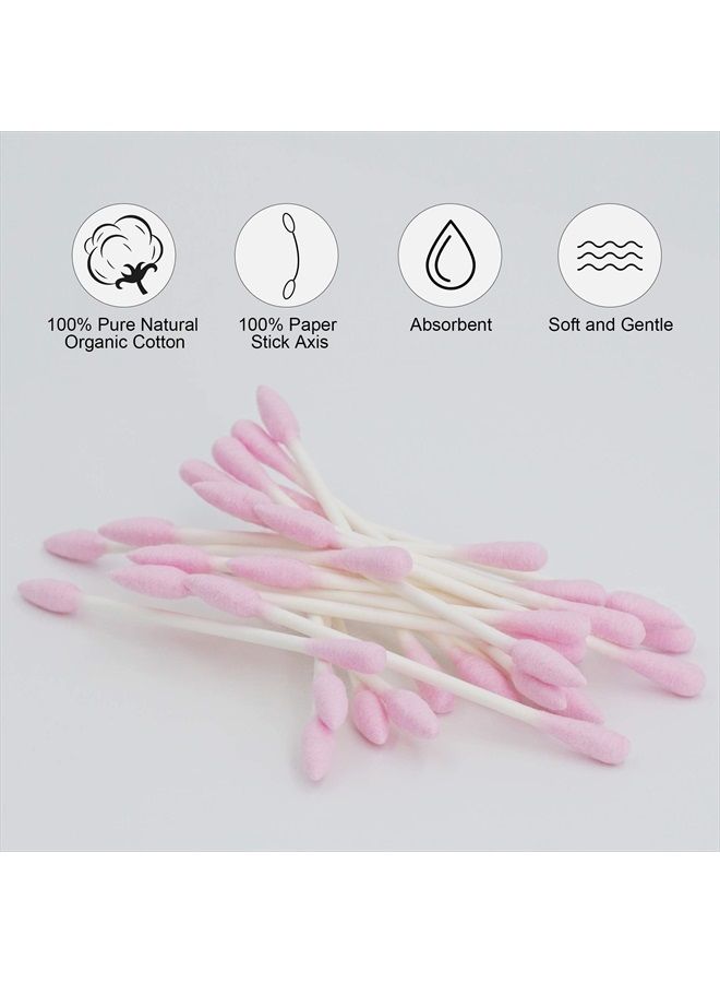 Pink Cotton Swabs Precision Pointed - 200 Count Pointy Organic Cotton Buds Double Side Tightly Wrapped Cotton Tips Paper Stick Soft Gentle Chlorine-Free Cruelty-Free, Pointy & Round (Pink)