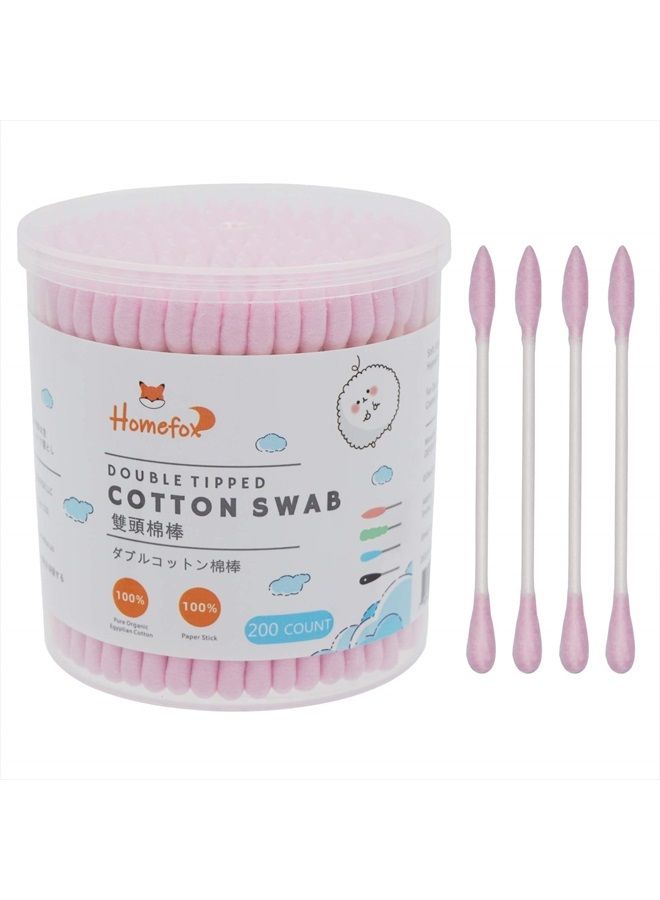 Pink Cotton Swabs Precision Pointed - 200 Count Pointy Organic Cotton Buds Double Side Tightly Wrapped Cotton Tips Paper Stick Soft Gentle Chlorine-Free Cruelty-Free, Pointy & Round (Pink)