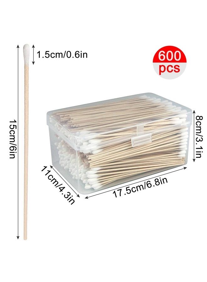 600 PCS 6 Inch Long Cotton Swabs With Reusable Box - 100% Natural Cotton Buds With Wooden Sticks - Non Sterile Cotton Tipped Applicators For Dogs Ear & Gun Cleaning Tools, Makeup Remover