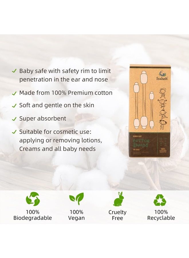 Baby Cotton Swabs - 108 Count - Bamboo Handle Cotton Tips, 100% Biodegradable, Gentle, Eco Friendly, Double Tips, Plastic Free Safety Baby Cotton Buds by Isshah