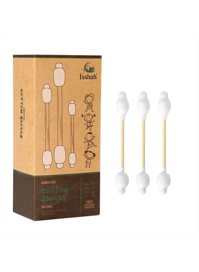 Baby Cotton Swabs - 108 Count - Bamboo Handle Cotton Tips, 100% Biodegradable, Gentle, Eco Friendly, Double Tips, Plastic Free Safety Baby Cotton Buds by Isshah