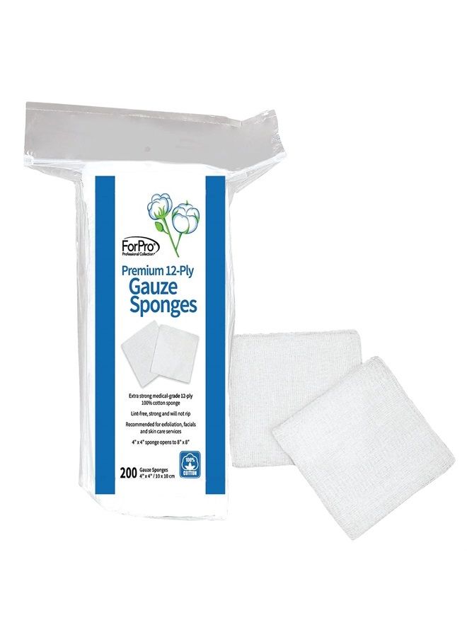 ForPro Premium 12-Ply Gauze Sponges, 100% Cotton, Lint-Free, Non-Sterile Cotton Gauze Sponges, For Cosmetic and Medical Use, 4” x 4”, 200-Count