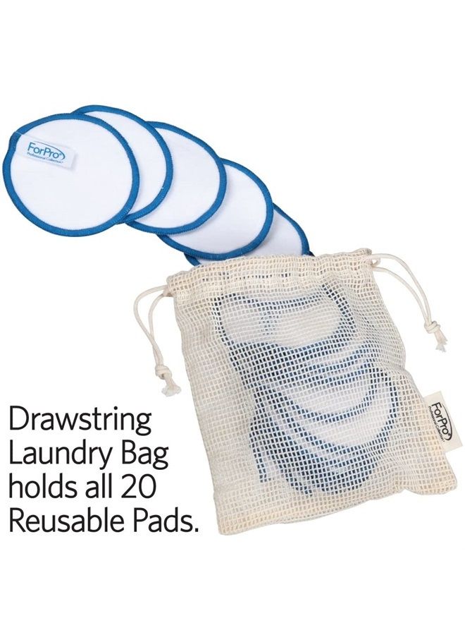 ForPro Expert Reusable Cotton Rounds (20 Pack), 100% Organic and Bamboo Makeup Remover Pads, Includes Drawstring Laundry Bag and Storage Container