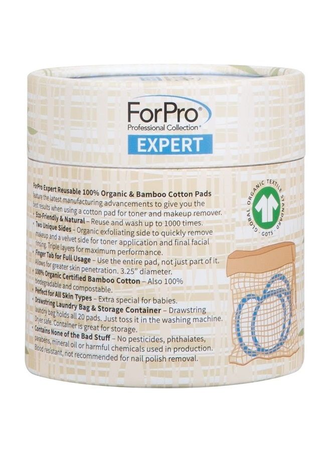 ForPro Expert Reusable Cotton Rounds (20 Pack), 100% Organic and Bamboo Makeup Remover Pads, Includes Drawstring Laundry Bag and Storage Container