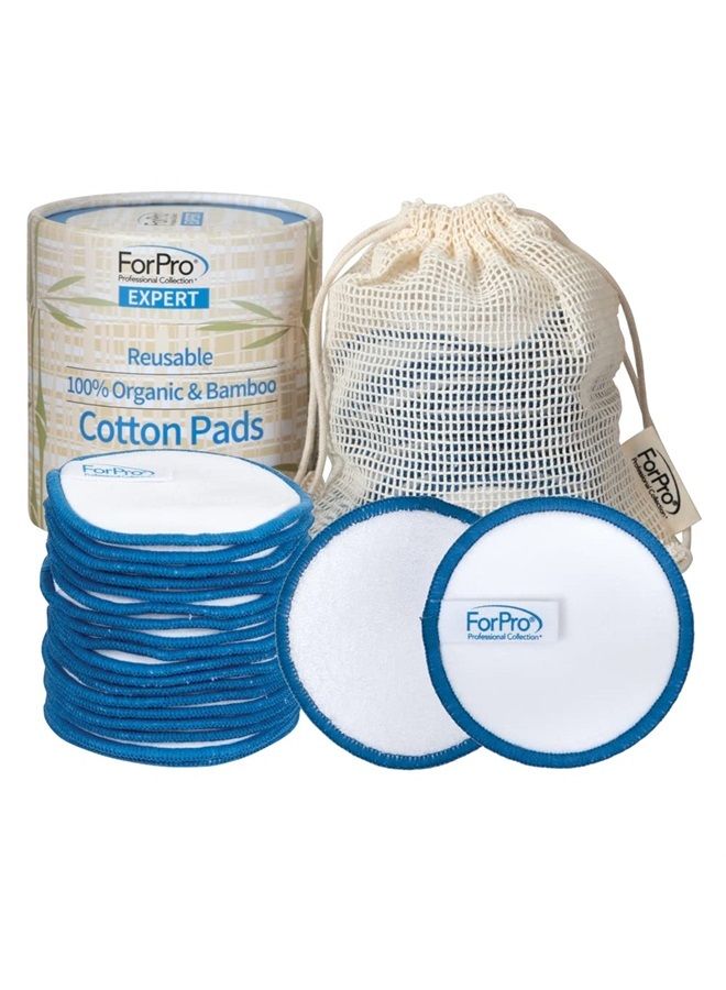 ForPro Expert Reusable Cotton Rounds (20 Pack), 100% Organic and Bamboo Makeup Remover Pads, Includes Drawstring Laundry Bag and Storage Container