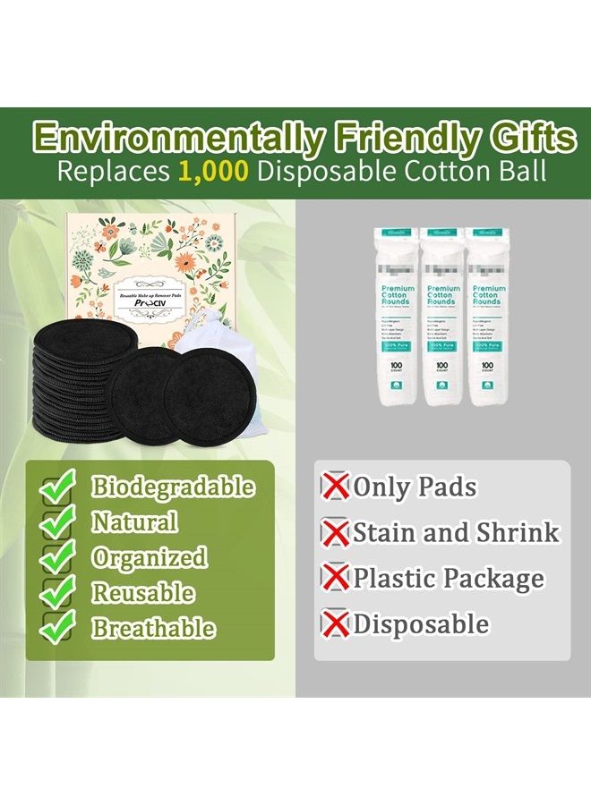 Reusable Makeup Remover Pads, 25 Packs Washable Organic Reusable Cotton Rounds for All Skin Types & Toner with Laundry Bag, Eco Friendly Zero Waste Reusable Cotton Pads Travel Gadgets (Black)