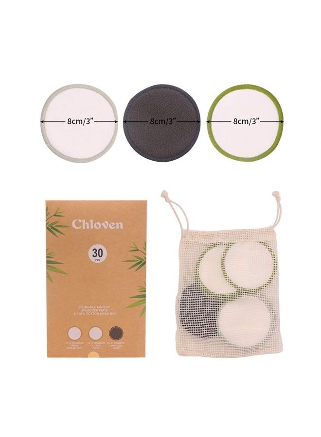 30 Pack Reusable Makeup Remover Pads - Bamboo Reusable Cotton Rounds for Toner, Washable Eco-Friendly Pads for All Skin Types with Cotton Laundry Bag