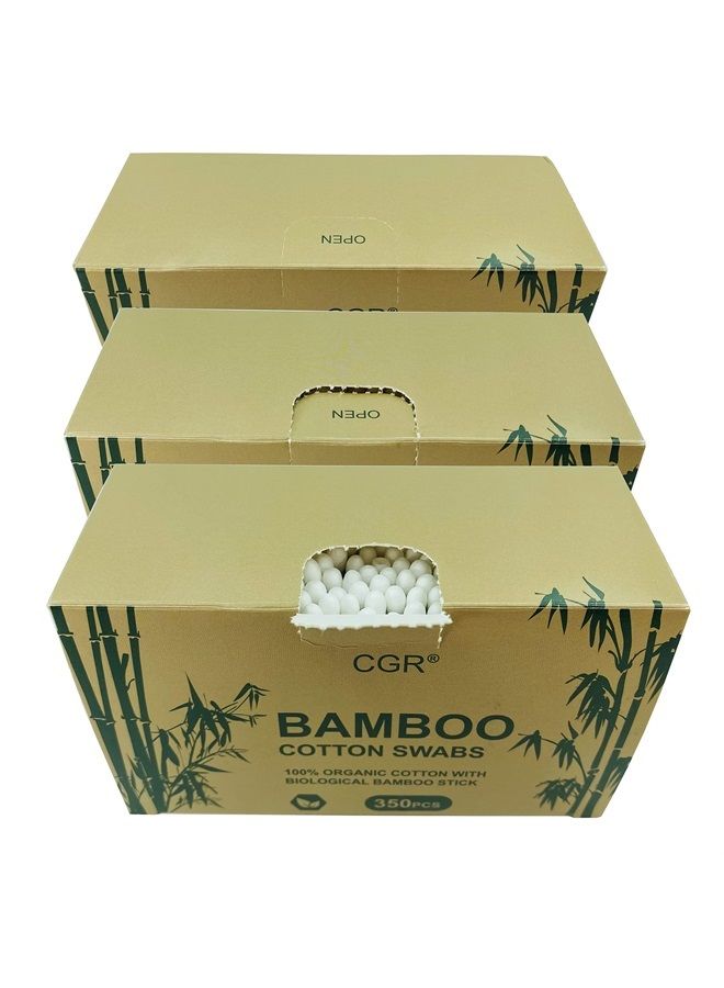 1050pcs CGR Organic cotton Swabs, 100% Cotton Double-Tipped, Bamboo Sticks(compostable), Travel Pack(3 Pack of 350 Swabs Total)
