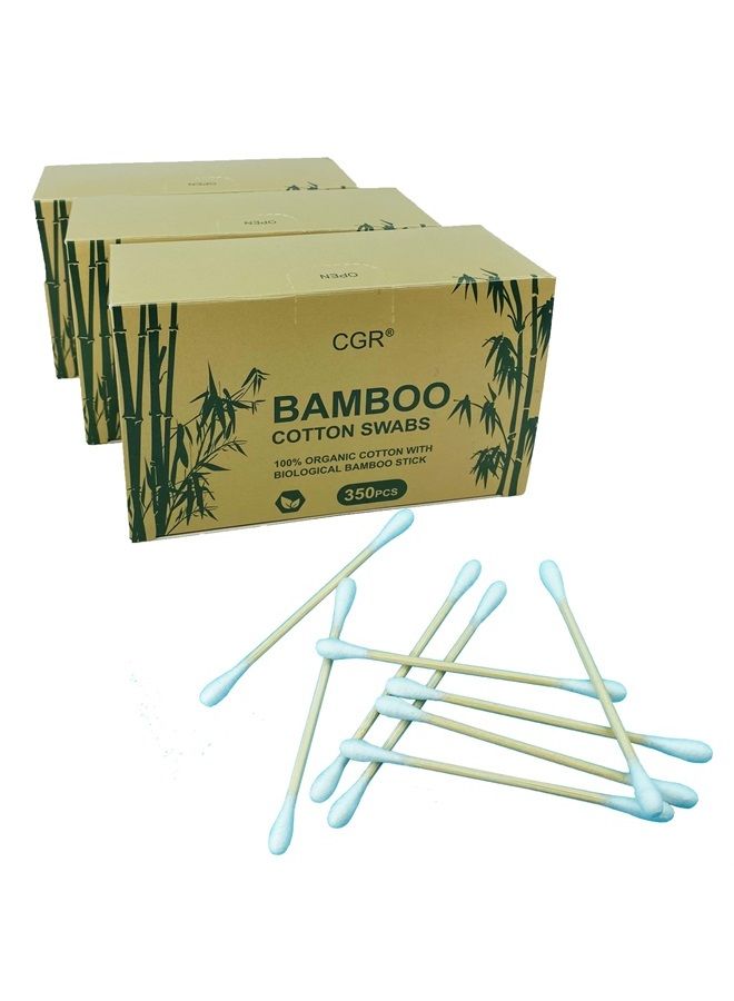 1050pcs CGR Organic cotton Swabs, 100% Cotton Double-Tipped, Bamboo Sticks(compostable), Travel Pack(3 Pack of 350 Swabs Total)