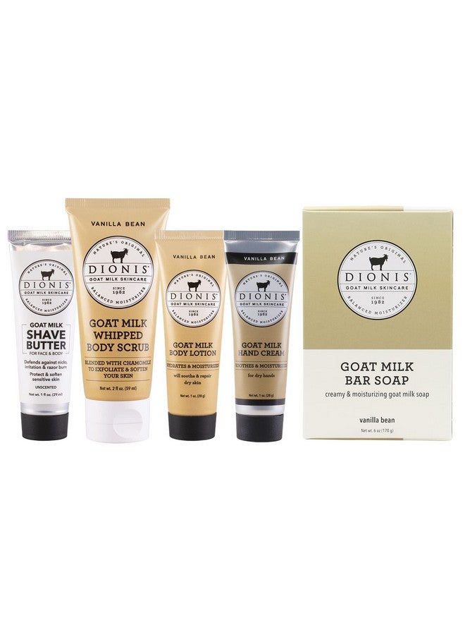 Goat Milk Skincare Vanilla Bean 6 Piece Self Care Essentials Travel Setbar Soap Shave Butter Hand Cream Body Lotion & Whipped Sugar Body Scrub In Resealable Leak Resistant Carrying Case