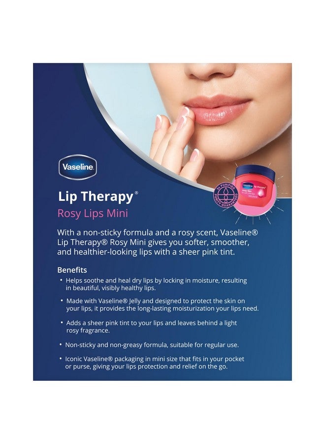 Vaseline Lip Therapy Rosy Lips Mini Pure Petroleum Jelly Advanced Moisture Light Rose Fragrance Sheer Pink Tint On Lips Mini Vaseline Petroleum Jelly Soft Vaseline Lips (Pack Of 6 0.25 Oz Ea)