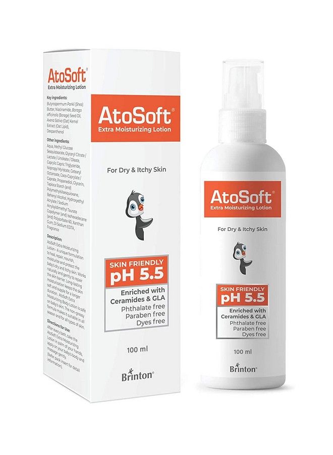 Atosoft Extra Moisturizing Baby Body Lotion With Pump For Sensitive And Delicate Skin Ph 5.5 ; Dermatologist Recommended Moisturizer Parabenfree (Lotion 100 Ml)