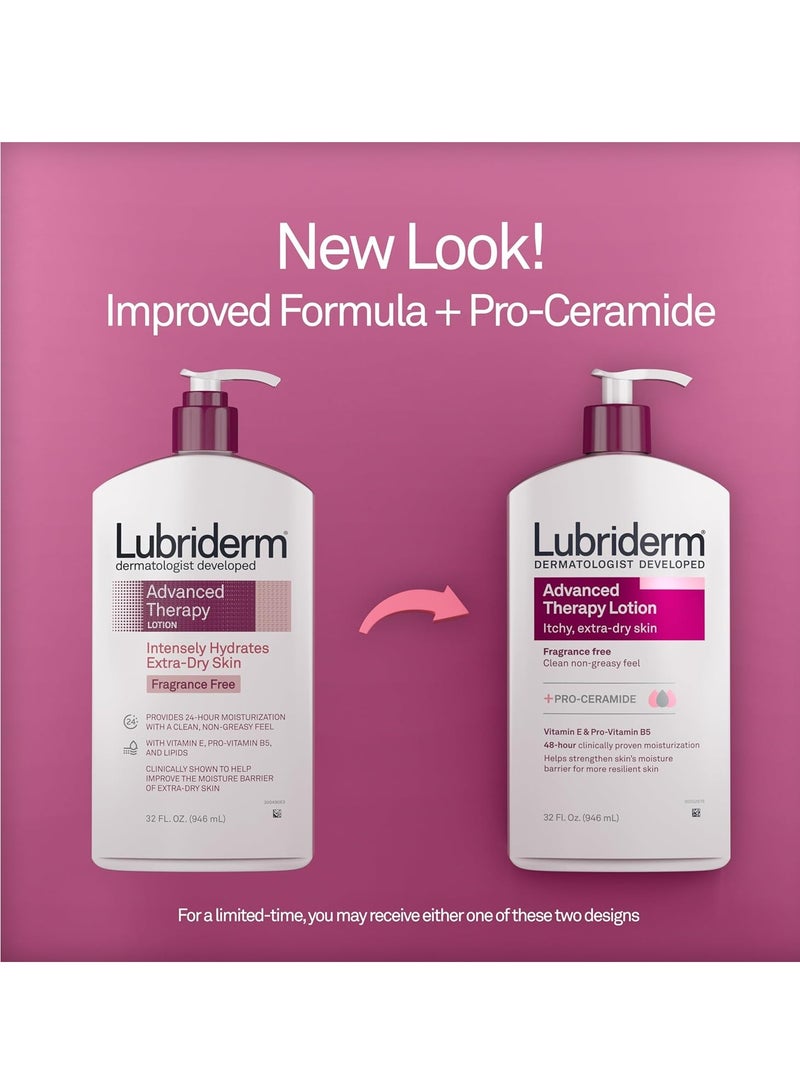 Lubriderm Advanced Therapy Moisturizing Hand and Body Lotion + Pro-Ceramide with Vitamin E and Pro-Vitamin B5, Non-Greasy, Fragrance-Free, Intense Hydration for Itchy, Extra Dry Skin, 32 FL OZ