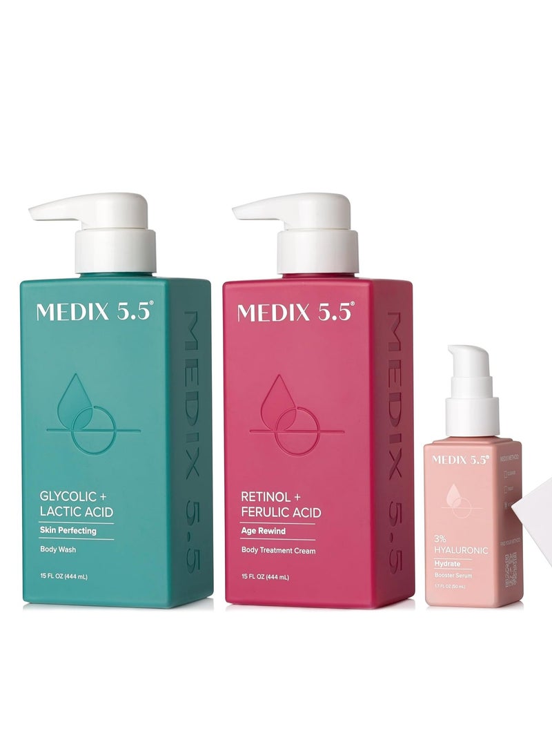 MEDIX 5.5 Anti Aging Skin Care 3PC Set | Retinol Body Cream + Exfoliating AHA Glycolic Acid Foaming Face Wash & Body Wash + Hyaluronic Acid Serum Booster, Wash + Treat + Hydrate Skincare Set, 3PC Set