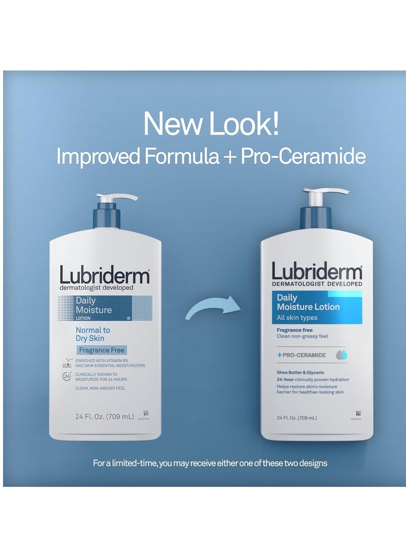 Lubriderm Fragrance Free Daily Moisture Lotion + Pro-Ceramide, Shea Butter & Glycerin, Face, Hand & Body Lotion for Sensitive Skin, Hydrating Lotion for Healthier-Looking Skin, 24 fl. Ozc